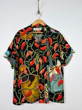 Bayou Wear Hawaiian Shirt Mens XL New Orleans Jazz Fest Hot Licks Guitar Peppers